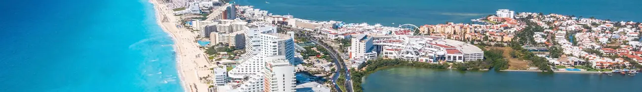 Aerial view of cancun hotel zone with hotels and Kukulkan Blvd.