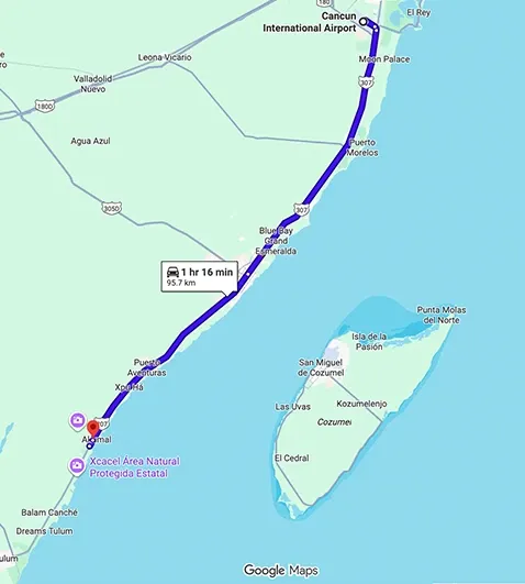 Transportation route map from Cancun Airport to Akumal Bay Beach & Wellness Resort Akumal showing distance and travel path