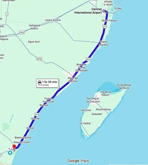 Transportation route map from Cancun Airport to Aloft Tulum showing distance and travel path