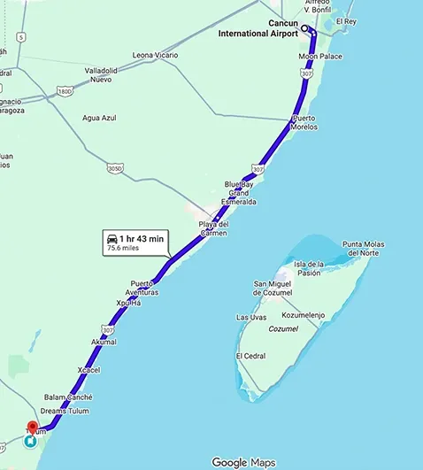 Transportation route map from Cancun Airport to Ambre & Epices Jungle Hotel & Spa Tulum showing distance and travel path