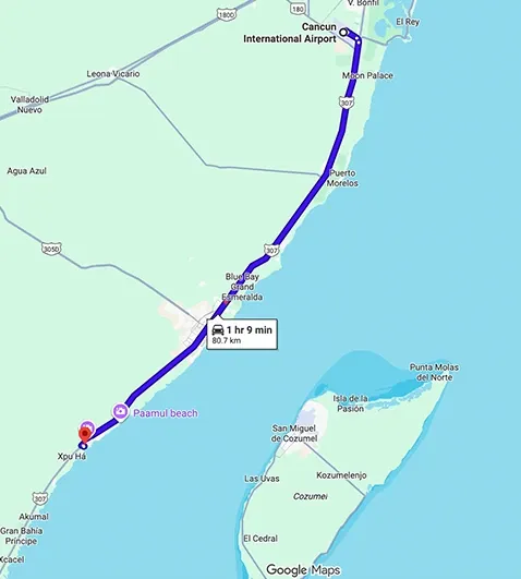 Transportation route map from Cancun Airport to Barcelo Maya Riviera Puerto Aventuras showing distance and travel path