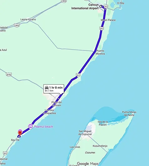 Transportation route map from Cancun Airport to Barcelo Maya Palace Puerto Aventuras showing distance and travel path