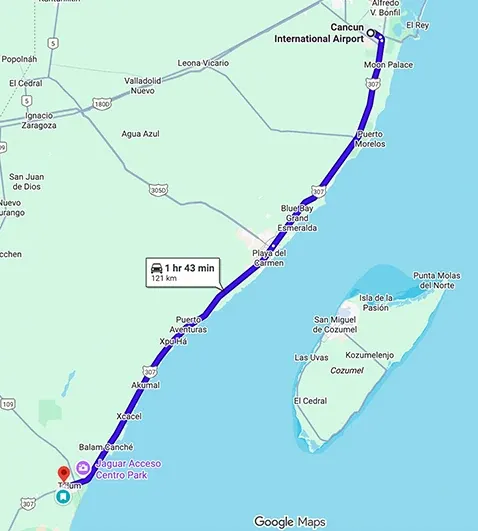 Transportation route map from Cancun Airport to Hotel Bardo Tulum showing distance and travel path