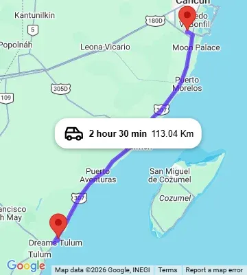 Cancun Airport to Casa Cenote Restaurant Hotel Tulum map