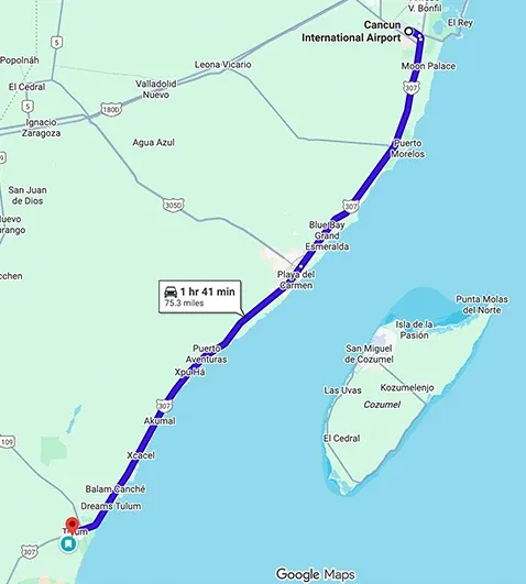 Transportation route map from Cancun Airport to Central Park Tulum showing distance and travel path