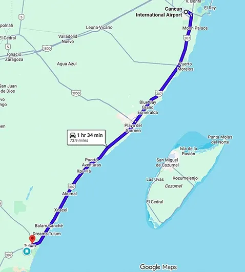 Transportation route map from Cancun Airport to Hostel Che Tulum showing distance and travel path