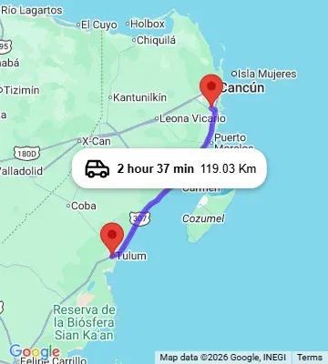 Cancun Airport to Coco Hacienda Tulum map