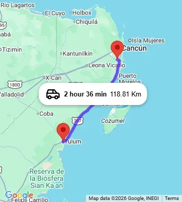 Cancun Airport to Copal Tulum Aldea Zama map