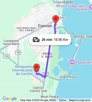 Cancun Airport to El Rey del Caribe Cancun downtown map