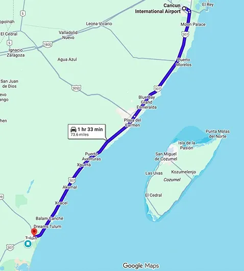 Transportation route map from Cancun Airport to Elements Tulum Boutique Hotel showing distance and travel path