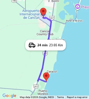 Cancun Airport to Excellence Riviera Cancun map
