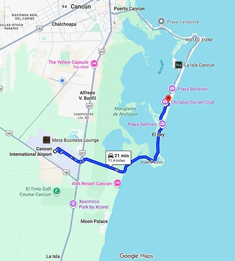 Transportation route map from Cancun Airport to Fiesta Americana Condesa Cancun showing distance and travel path