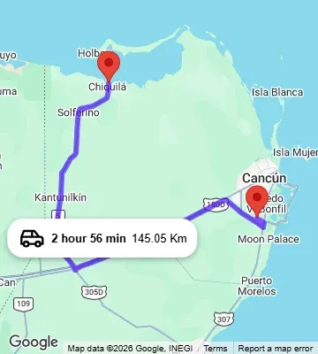 Cancun Airport to Holbox Ferry dock in Chiquila map