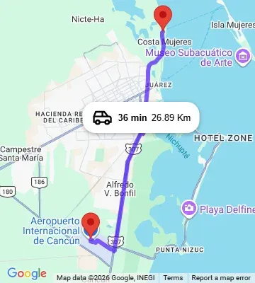 Cancun Airport to Garza Blanca Resort and Spa Playa Mujeres map