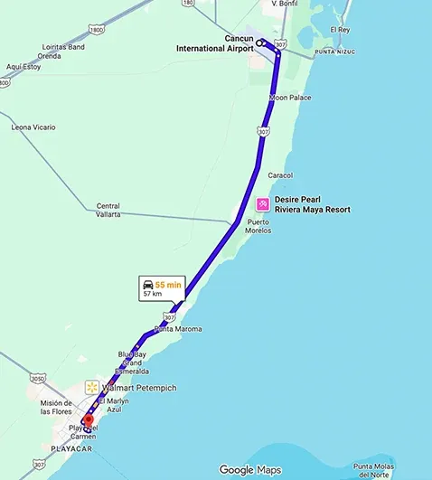 Transportation route map from Cancun Airport to Grand Hyatt Playa Del Carmen showing distance and travel path
