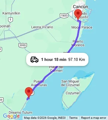 Cancun Airport to Grand Oasis Tulum map
