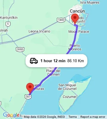 Cancun Airport to Grand Palladium Colonial Resort and Spa map
