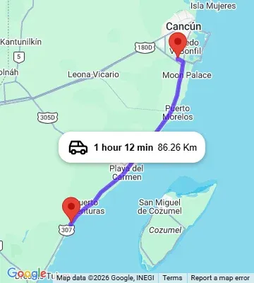 Cancun Airport to Grand Palladium Kantenah Resort and Spa map