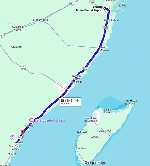 Transportation route map from Cancun Airport to Grand Sirenis Riviera Maya showing distance and travel path