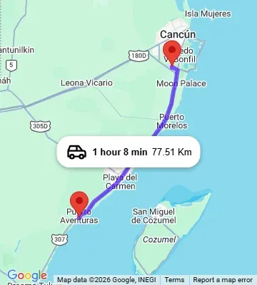 Cancun Airport to Hacienda Corazon Puerto Aventuras map