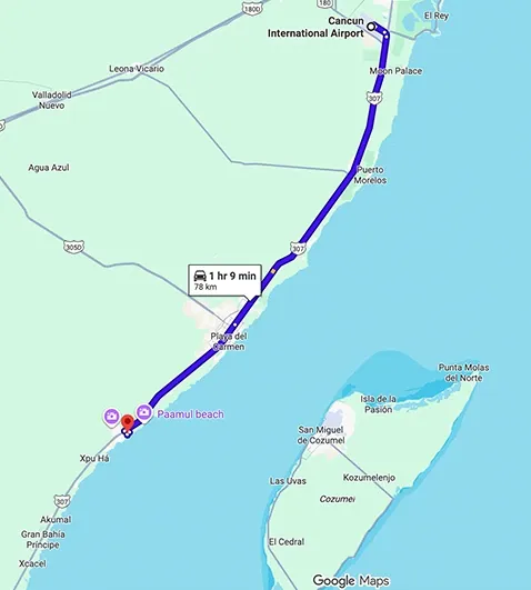 Transportation route map from Cancun Airport to Hard Rock Riviera Maya showing distance and travel path