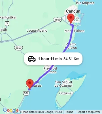Cancun Airport to Hidden Beach Resort Puerto Aventuras map