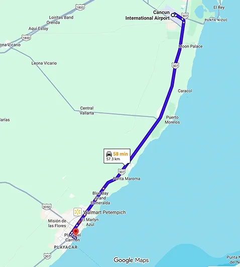 Transportation route map from Cancun Airport to Hilton Playa Del Carmen, An All-Inclusive Adult Only Resort showing distance and travel path
