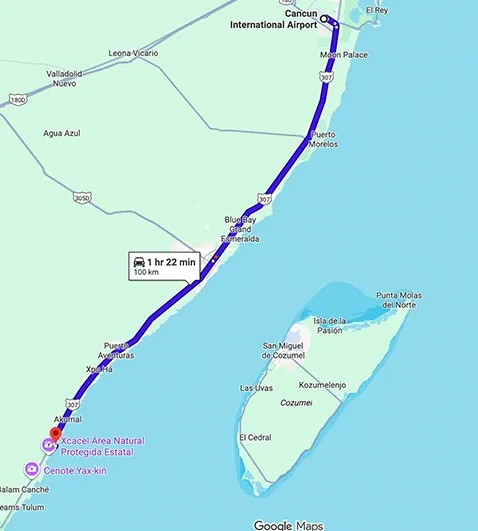 Transportation route map from Cancun Airport to Hilton Tulum Riviera Maya All-Inclusive Resort showing distance and travel path