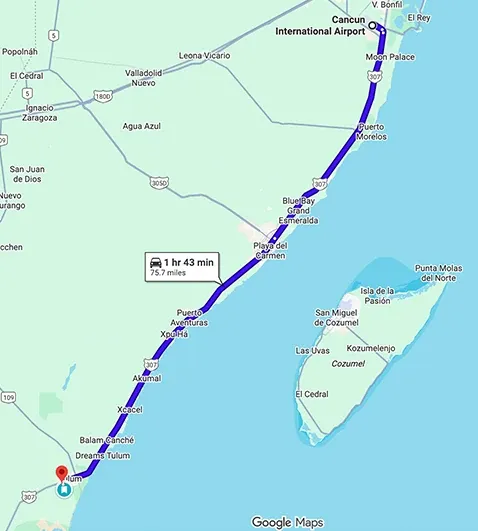 Transportation route map from Cancun Airport to Holistika Tulum showing distance and travel path