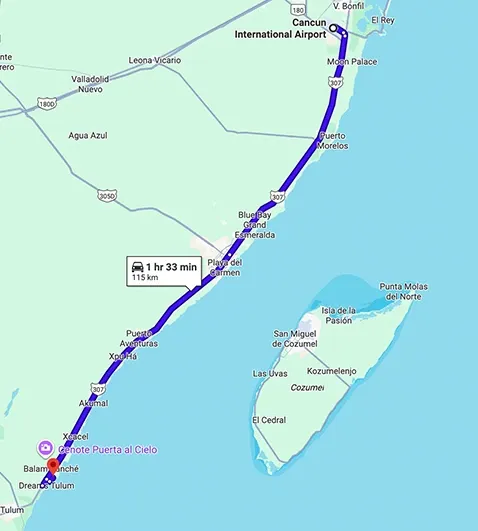 Transportation route map from Cancun Airport to Hotel Cielo Maya showing distance and travel path