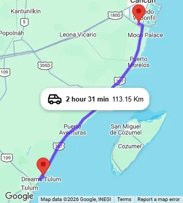 Cancun Airport to Hotel Mereva Tulum map