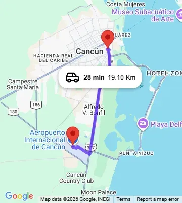 Cancun Airport to Hotel Plaza Caribe Cancun map