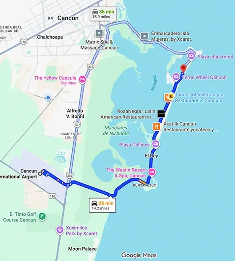 Transportation route map from Cancun Airport to Hyatt Zilara Cancun showing distance and travel path
