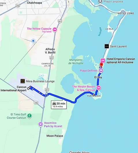 Transportation route map from Cancun Airport to Iberostar Selection Cancun showing distance and travel path