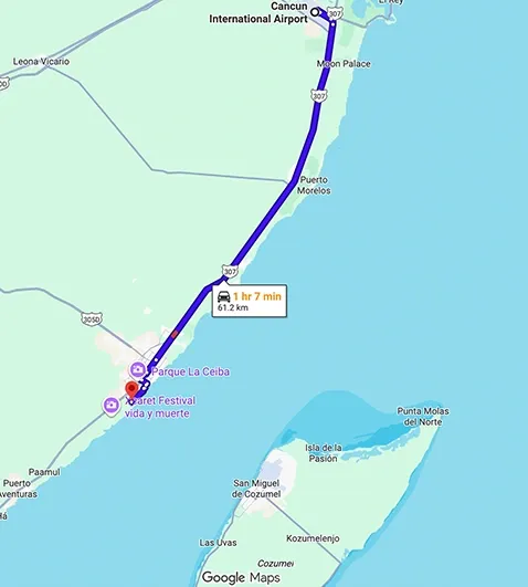 Transportation route map from Cancun Airport to Iberostar Tucan Playa Del Carmen showing distance and travel path