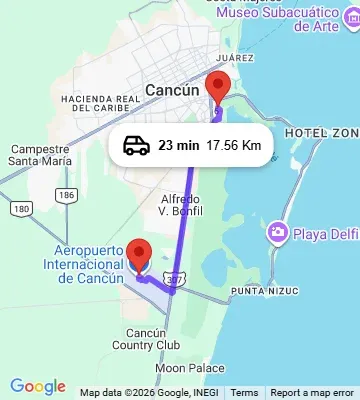 Cancun Airport to Krystal Urban Cancun map