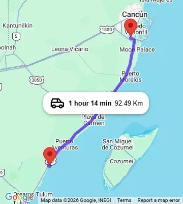 Cancun Airport to Las Casitas Akumal map