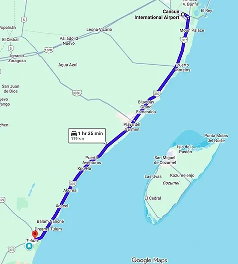 Transportation route map from Cancun Airport to Live Tulum showing distance and travel path