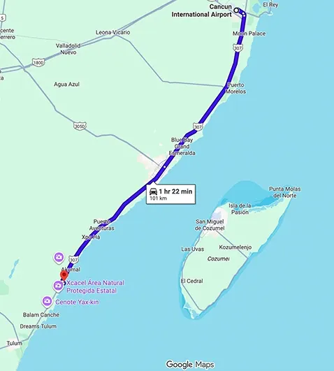 Transportation route map from Cancun Airport to Luxury Bahia Principe Akumal showing distance and travel path