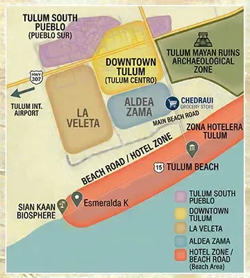 Map of Tulum neighbourhoods where to stay