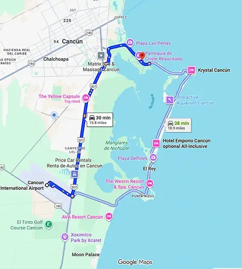 Transportation route map from Cancun Airport to Hotel Occidental Costa Cancun showing distance and travel path