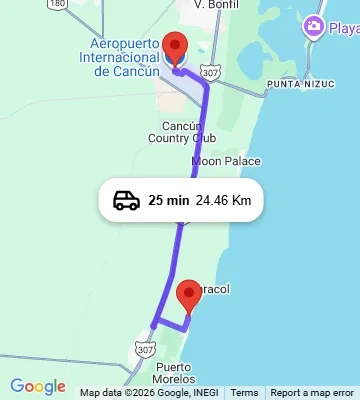 Cancun Airport to Ocean Coral Turquesa map