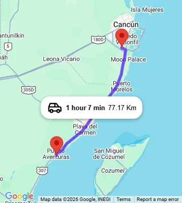 Cancun Airport to Omni Puerto Aventuras map