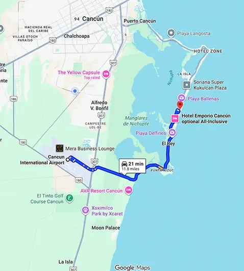 Transportation route map from Cancun Airport to Paradisus Cancun showing distance and travel path
