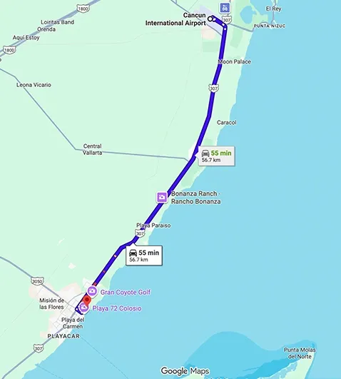 Transportation route map from Cancun Airport to Paradisus Playa del Carmen showing distance and travel path