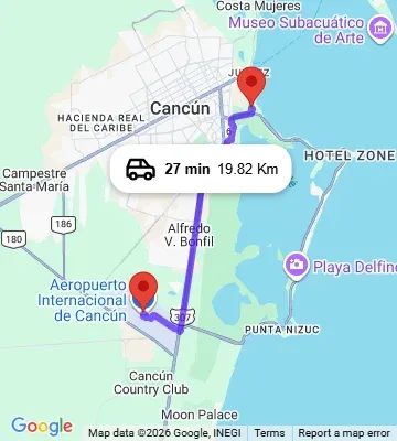 Cancun Airport to Renaissance Cancun Resort and Marina map