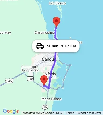 Cancun Airport to Riu Palace Costa Mujeres map