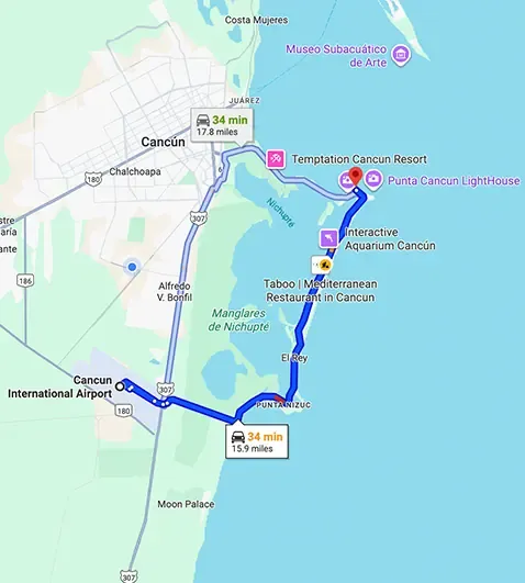 Transportation route map from Cancun Airport to Riu Palace las Americas showing distance and travel path