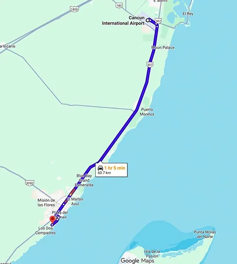 Transportation route map from Cancun Airport to Riu Playacar Playa Del Carmen showing distance and travel path