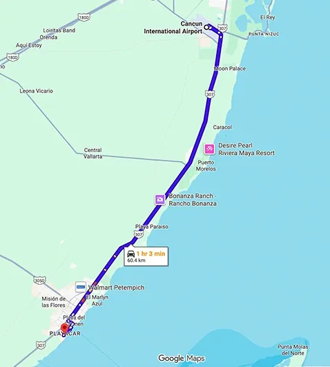 Transportation route map from Cancun Airport to Royal Hideaway Playacar Resort Playa Del Carmen showing distance and travel path